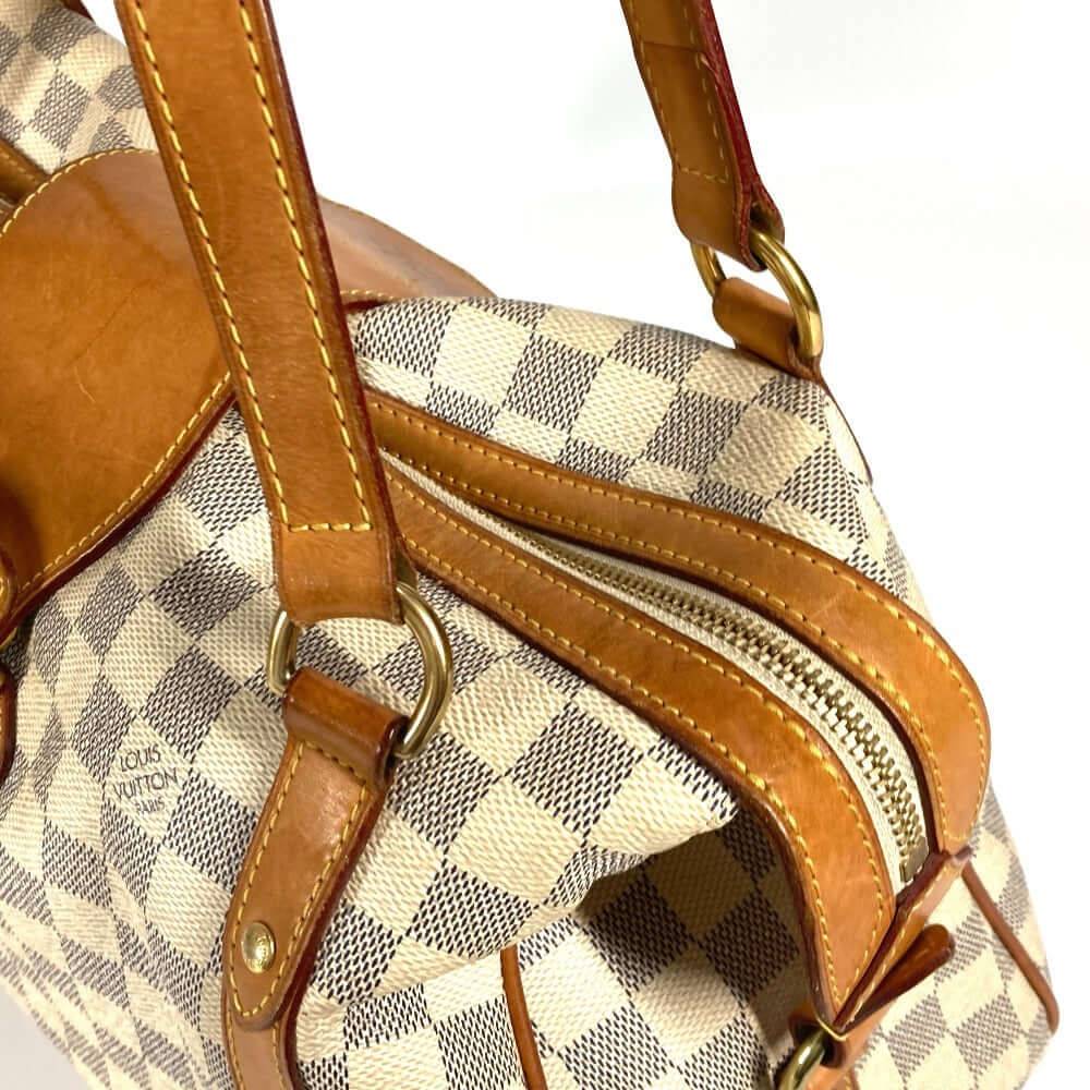 Pre-owned Louis Vuitton Damier Azur Handbag with Leather Accents and Zipper Closure