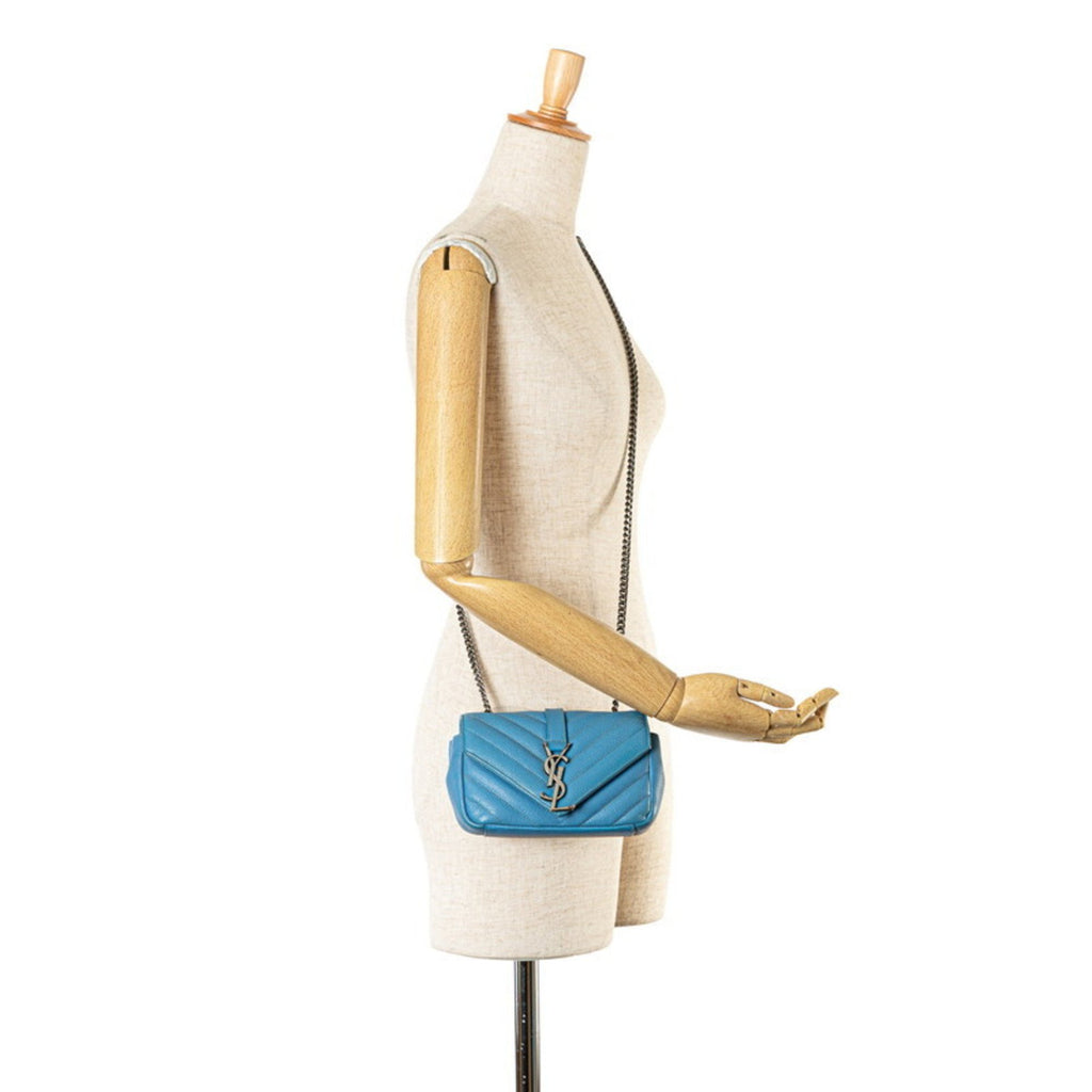 Elegant pre-owned Saint Laurent Baby Chai bag in blue with iconic YSL logo and chain strap