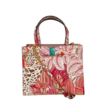 Salvatore Ferragamo pre-owned handbag featuring vibrant floral and animal prints with a stylish handle