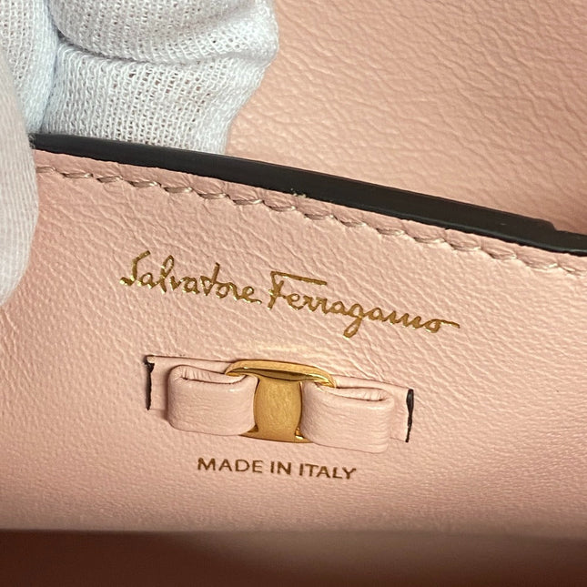 Salvatore Ferragamo pre-owned bag in pink leather showcasing brand logo and craftsmanship details