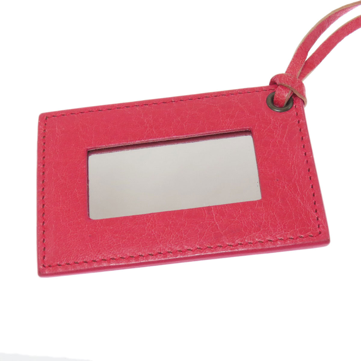 BALENCIAGA second hand pink leather bag tag with a clear window for personalization