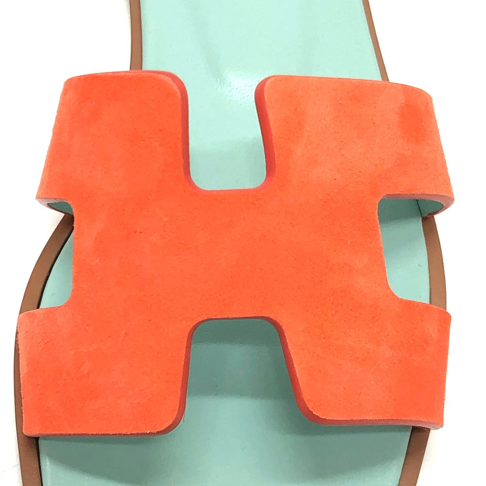 HERMES second hand sandals with bright orange suede straps and mint green footbed