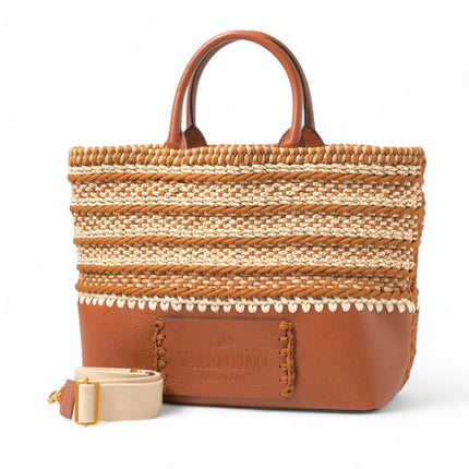 Valentino Garavani pre-owned woven bag in tan with structured design and detachable strap