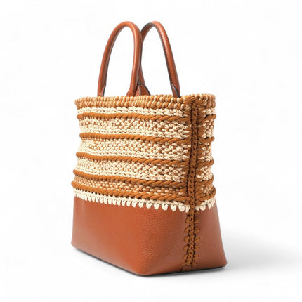 Valentino Garavani pre-owned woven handbag in brown and tan with dual handles and intricate detailing