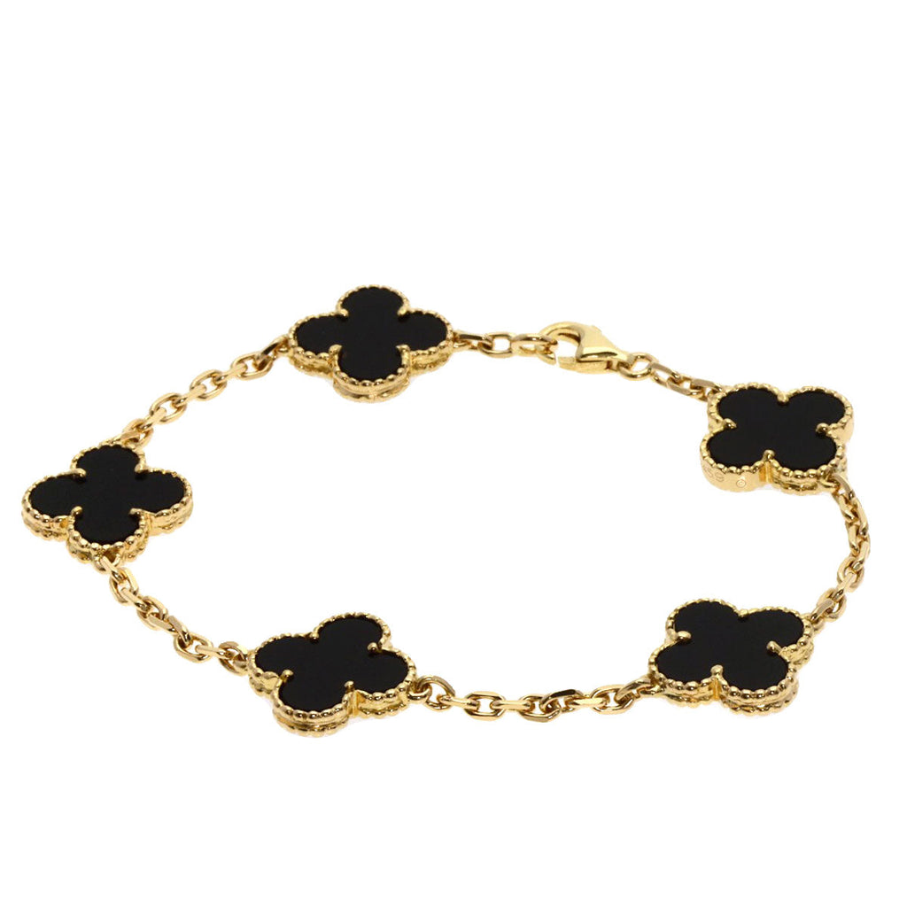 Used Van Cleef 18K gold bracelet with black onyx four-leaf clover design for elegant accessories